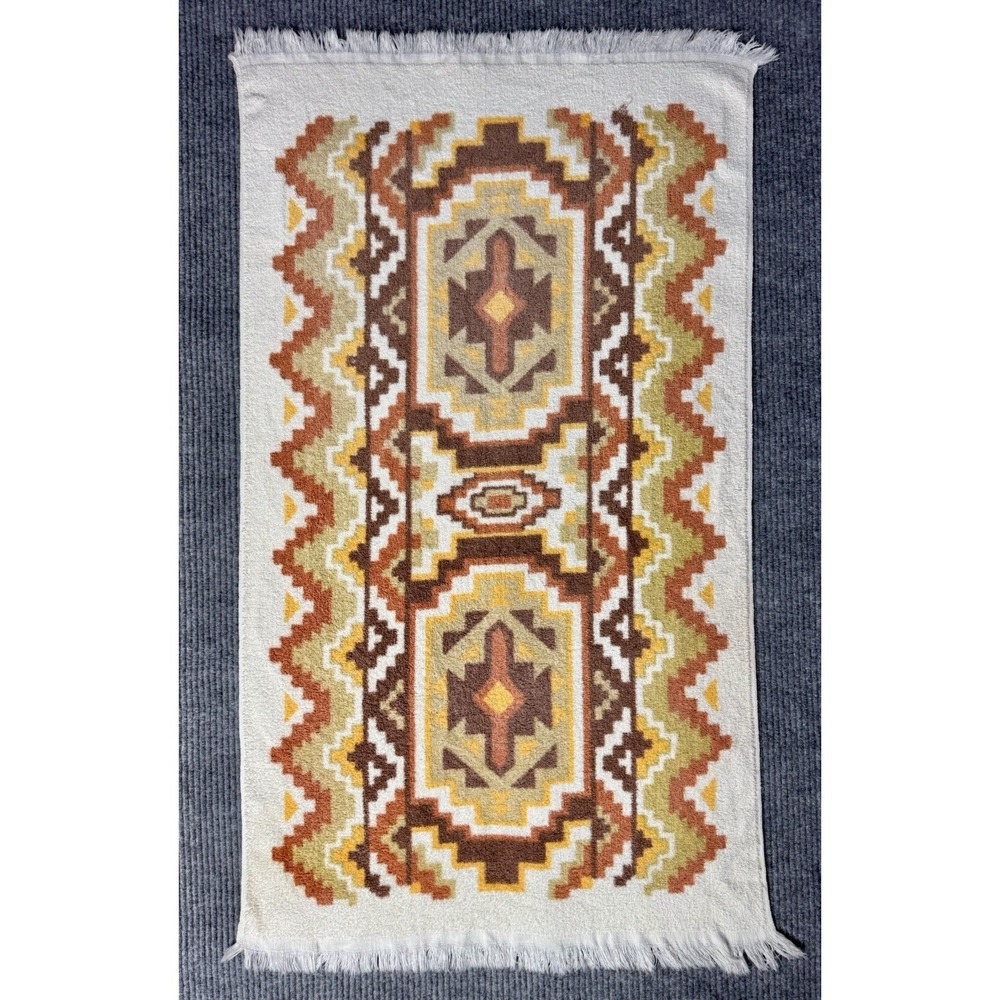 Vintage Dundee Towel Southwestern Aztec Geometric 100% Cotton Fringe 24x44 1970s